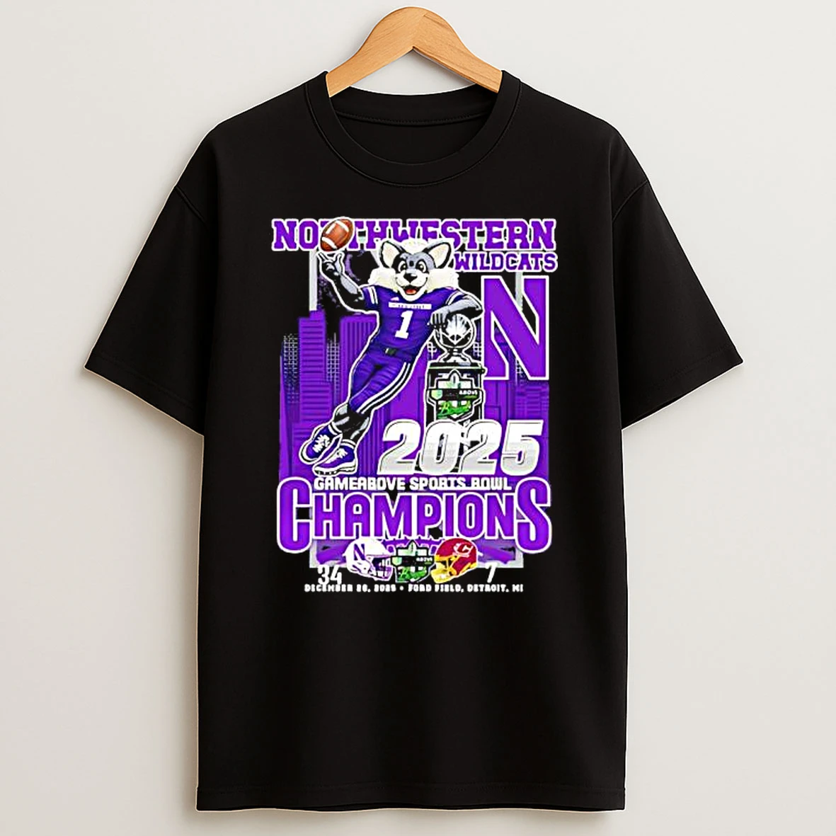 Northwestern Wildcats 2025 Gamerbove Sports Bowl Champions Mascot T Shirt