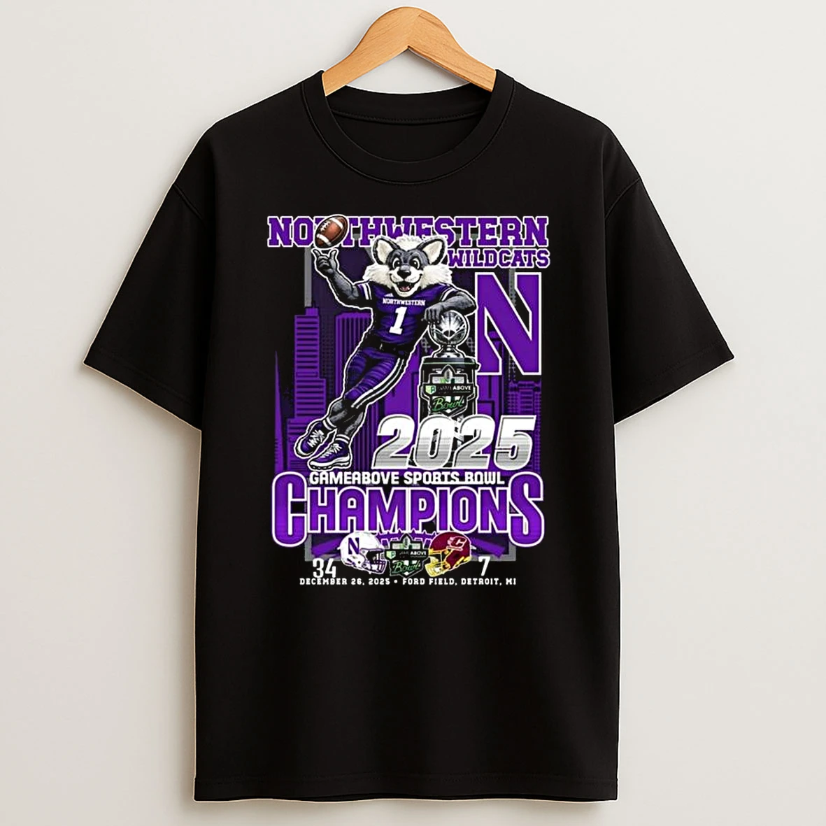 Northwestern Wildcats Mascot 2025 Gameabove Sports Bowl Champions Score 34 7 Dec 26 2025 T Shirt