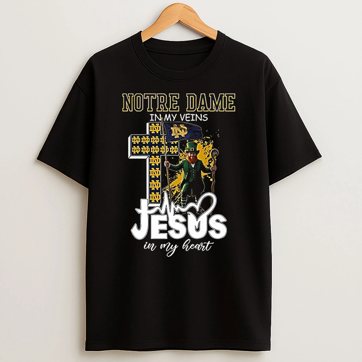 Notre Dame Fighting Irish Mascot In My Veins Jesus In My Heart Flag T Shirt