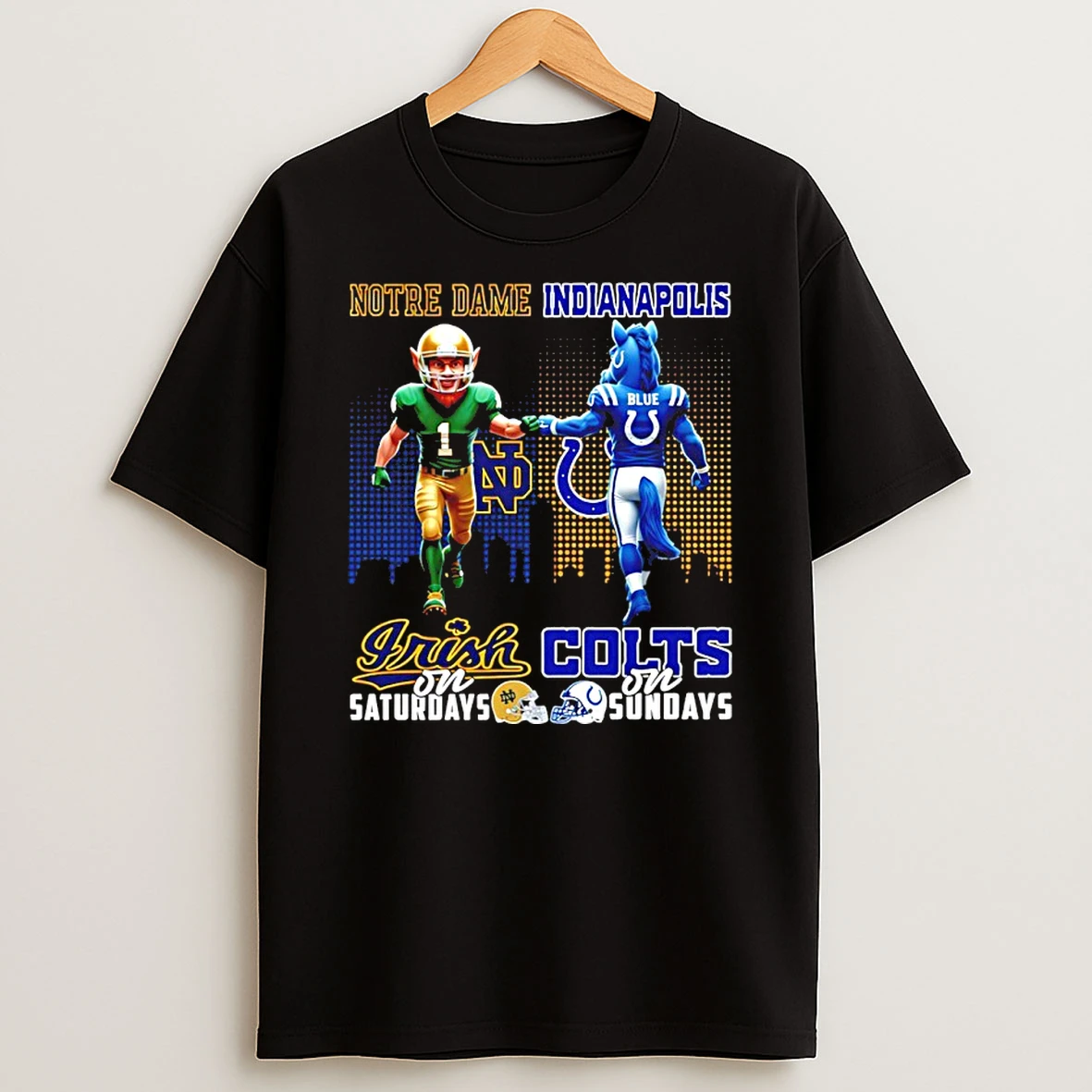 Notre Dame Fighting Irish On Saturdays Vs Indianapolis Colts On Sundays Mascot City Skyline T Shirt