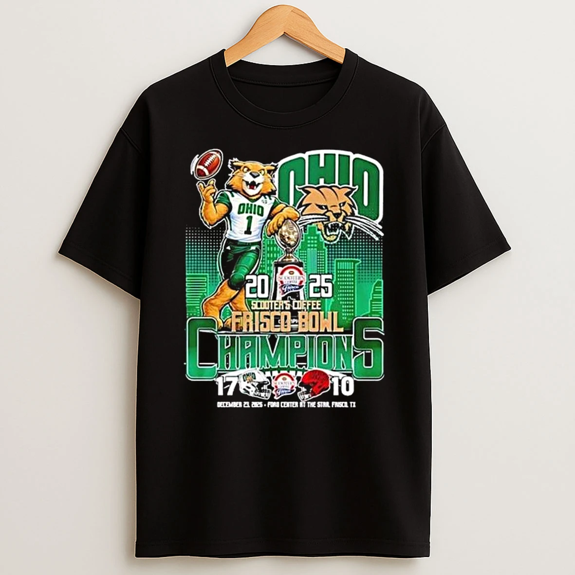 Ohio Bobcats 2025 Scooters Coffee Frisco Bowl Champions City Skyline Mascot T Shirt