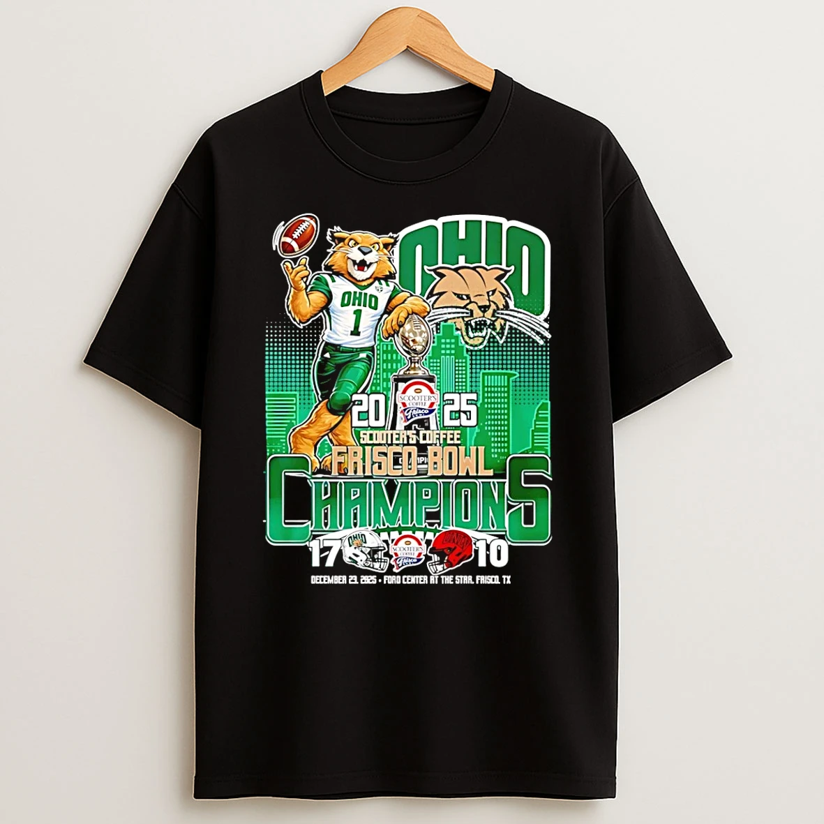 Ohio Bobcats 2025 Scooters Coffee Frisco Bowl Champions City Skyline T Shirt