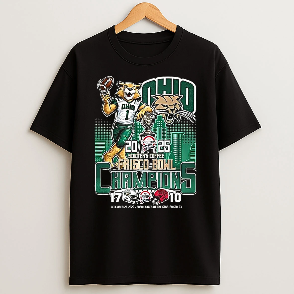 Ohio Bobcats 2025 Scootes Coffee Frisco Bowl Champions Trophy And Rufus The Bobcat T Shirt