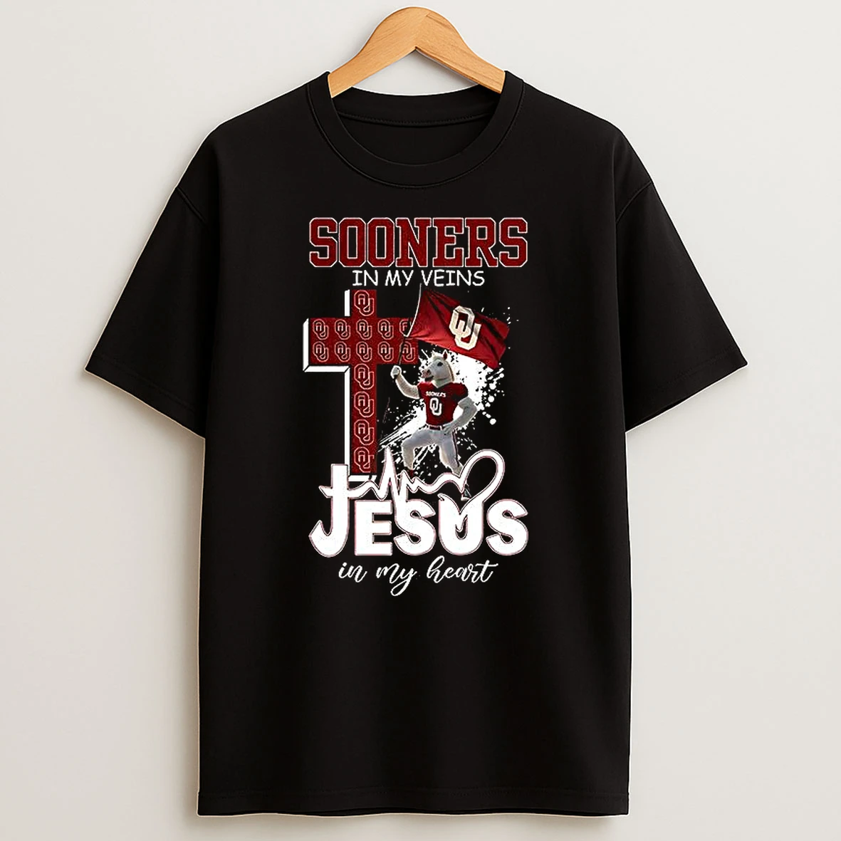 Oklahoma Sooners Mascot In My Veins Jesus In My Heart Flag T Shirt