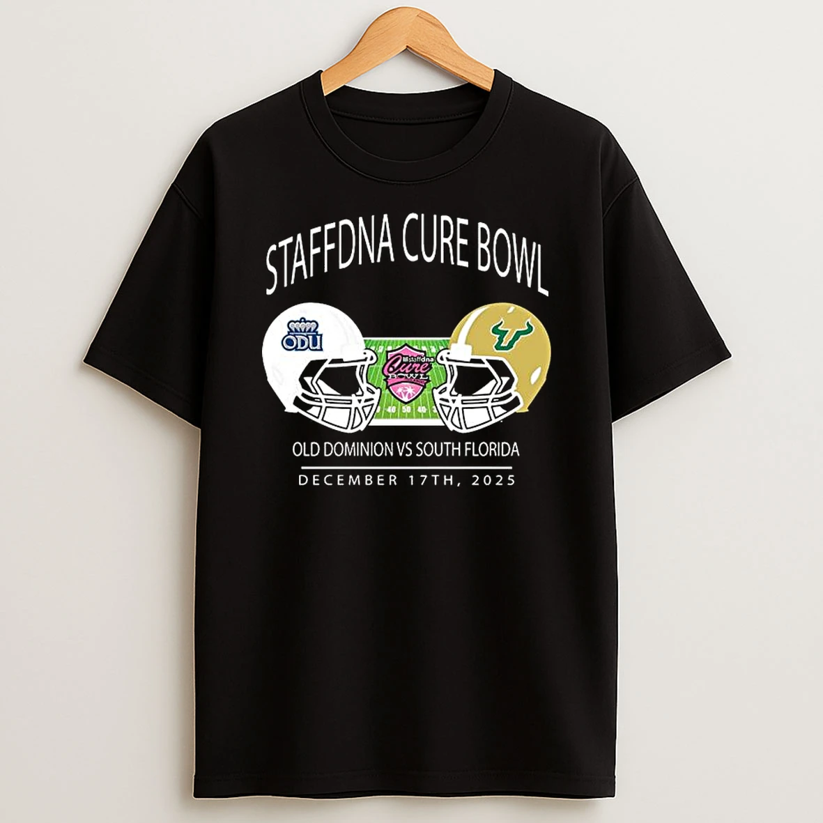 Old Dominion Monarchs Football Vs South Florida Bulls Football Staffdna Cure Bowl At Camping World Stadium On December 17th 2025 Helmet Matchup T Shirt