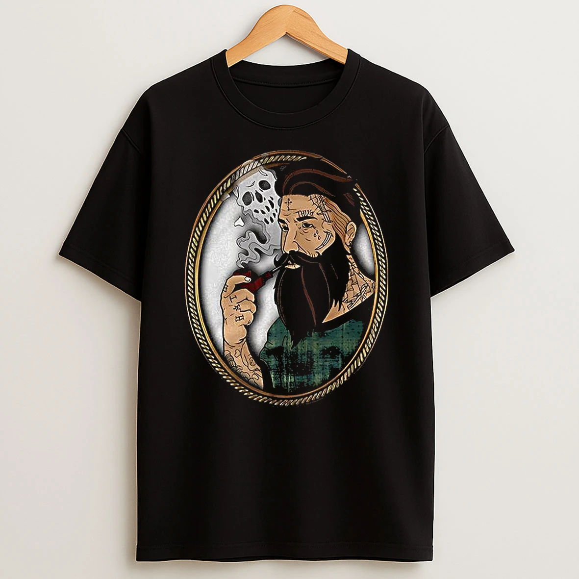 Old School Tattooed Man Smoking In Photo Frame Cartoon Retro T Shirt