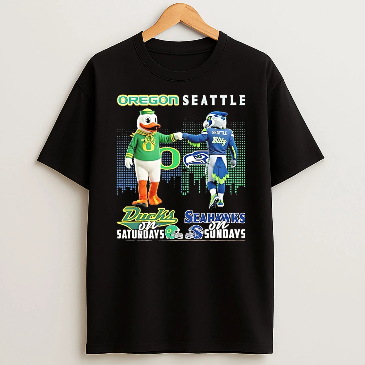 Oregon Duck On Saturday And Seattle Seahawks On Sundays Skyline Mascot T Shirt