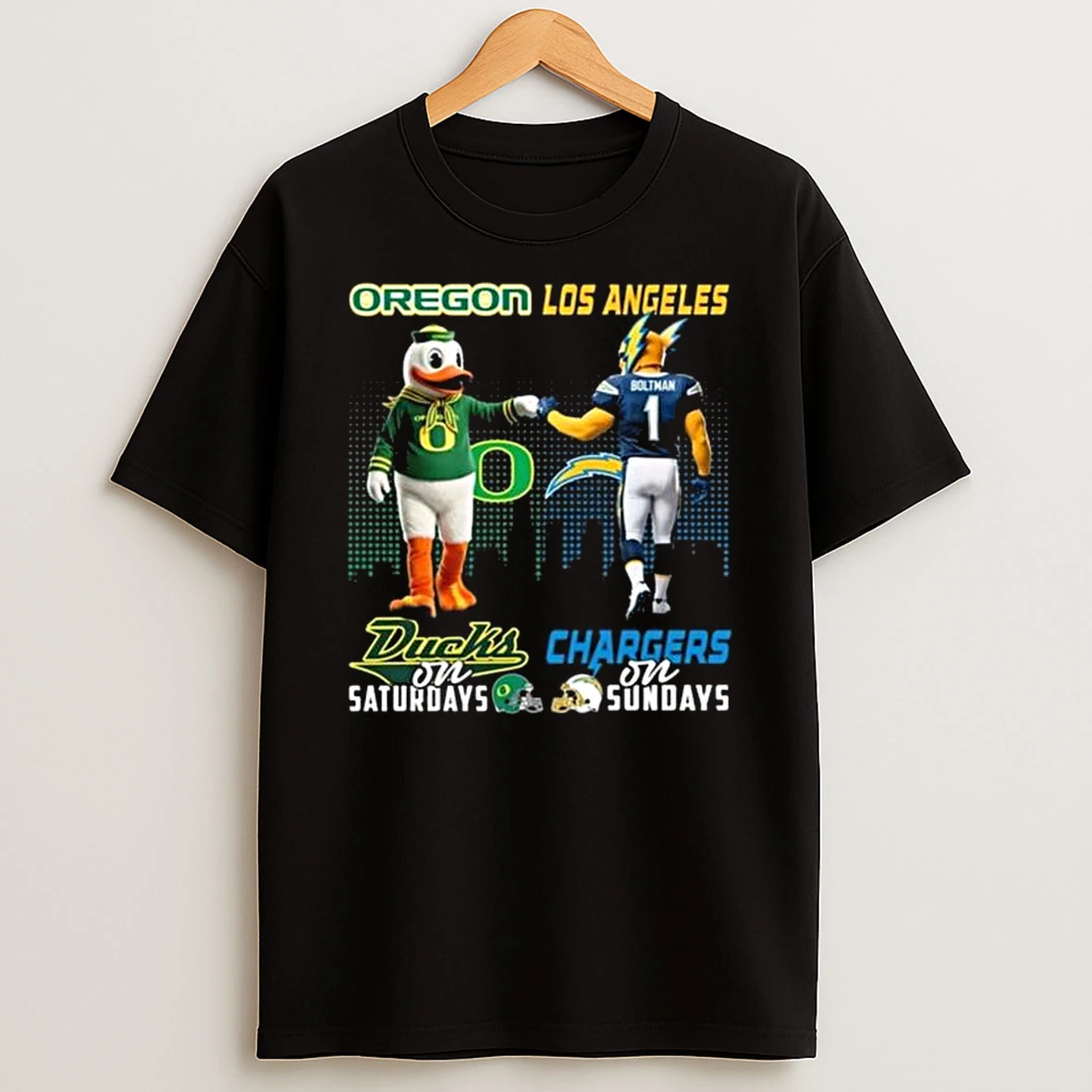 Oregon Ducks On Saturdays X Los Angeles Chargers On Sundays Mascot 2025 T Shirt