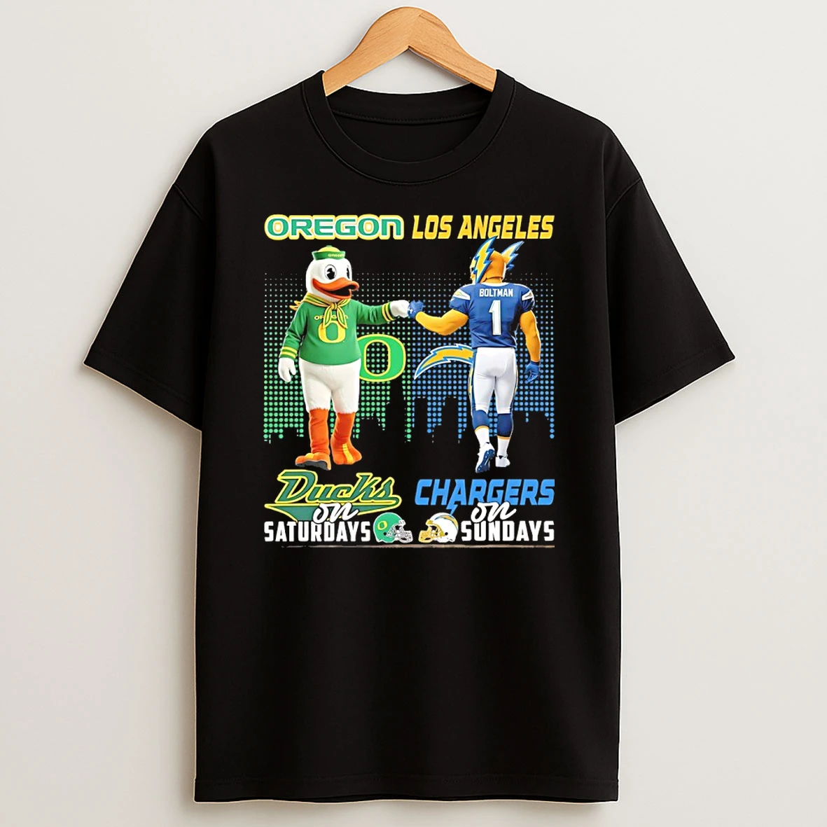 Oregon Ducks On Saturdays And Los Angeles Chargers On Sundays Mascot Skyline T Shirt