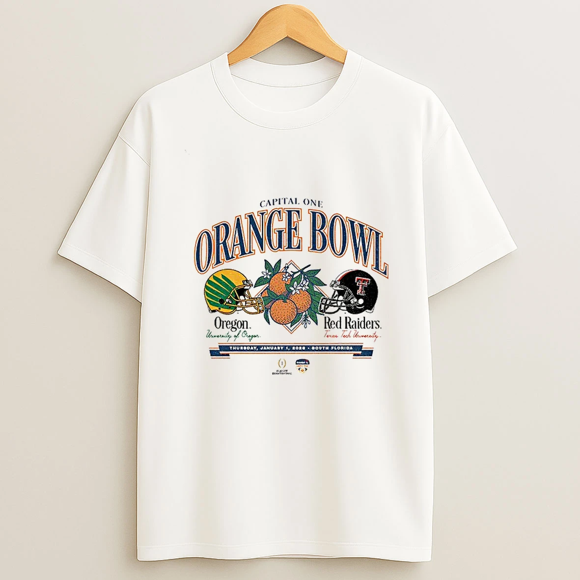 Oregon Ducks Vs Texas Tech Red Raiders Football Helmet Capital One Orange Bowl 2026 T Shirt