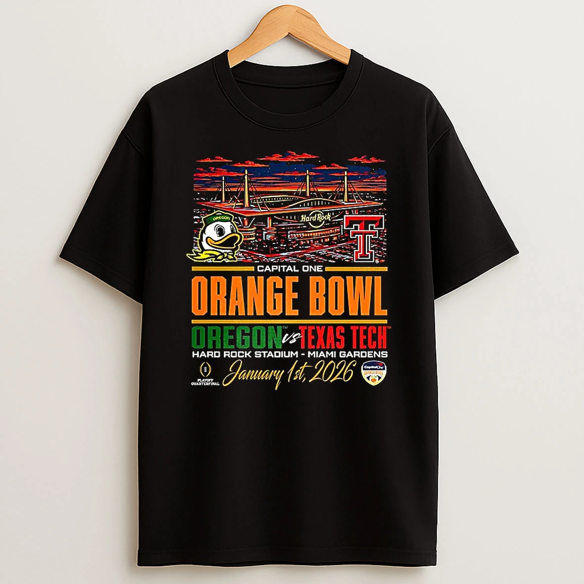Oregon Ducks Vs Texas Tech Red Raiders Ncaa Cfp Capital One Orange Bowl 2026 Hard Rock T Shirt