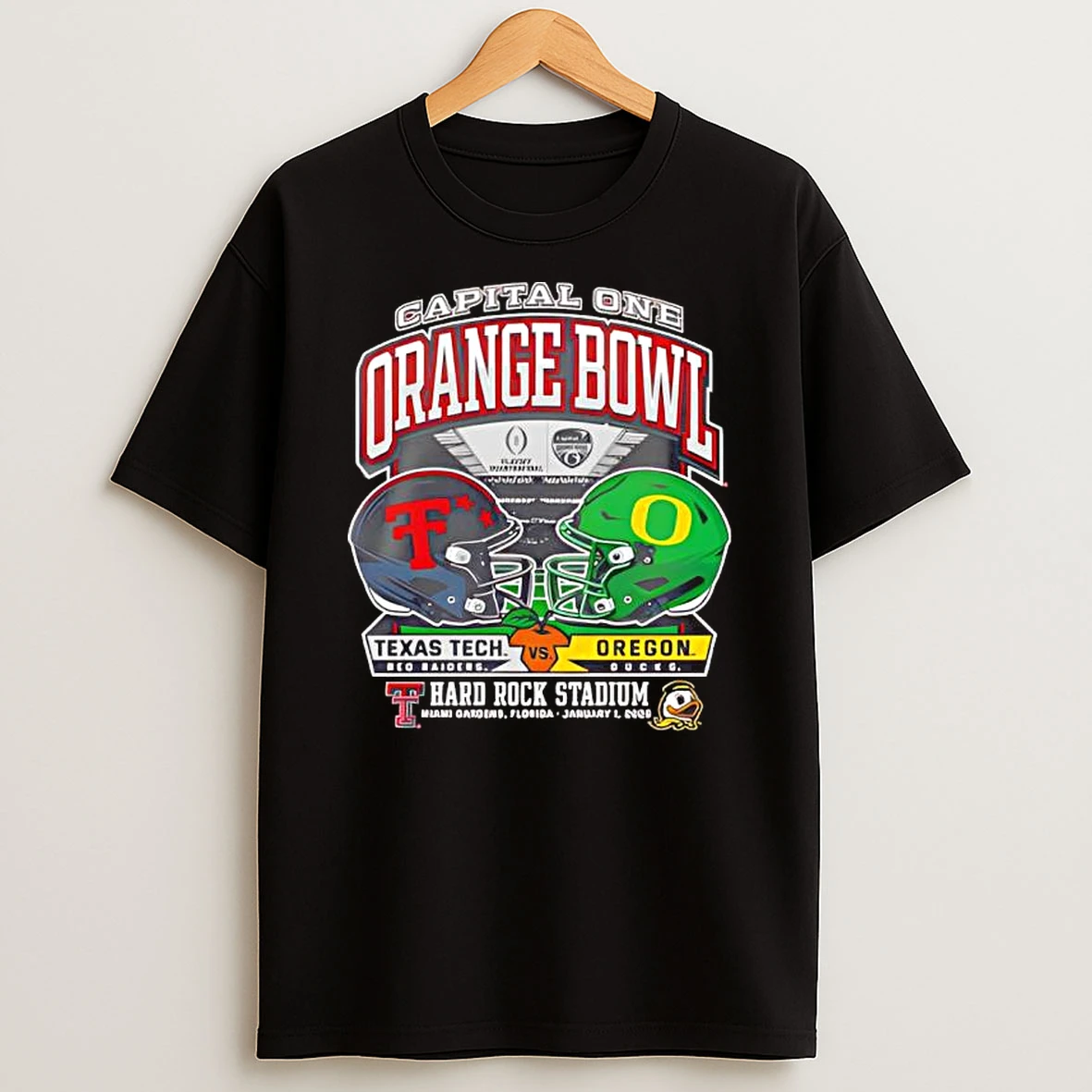 Oregon Ducks Vs Texas Tech Red Raiders Nfl Capital One Orange Bowl Dueling Helmets T Shirt
