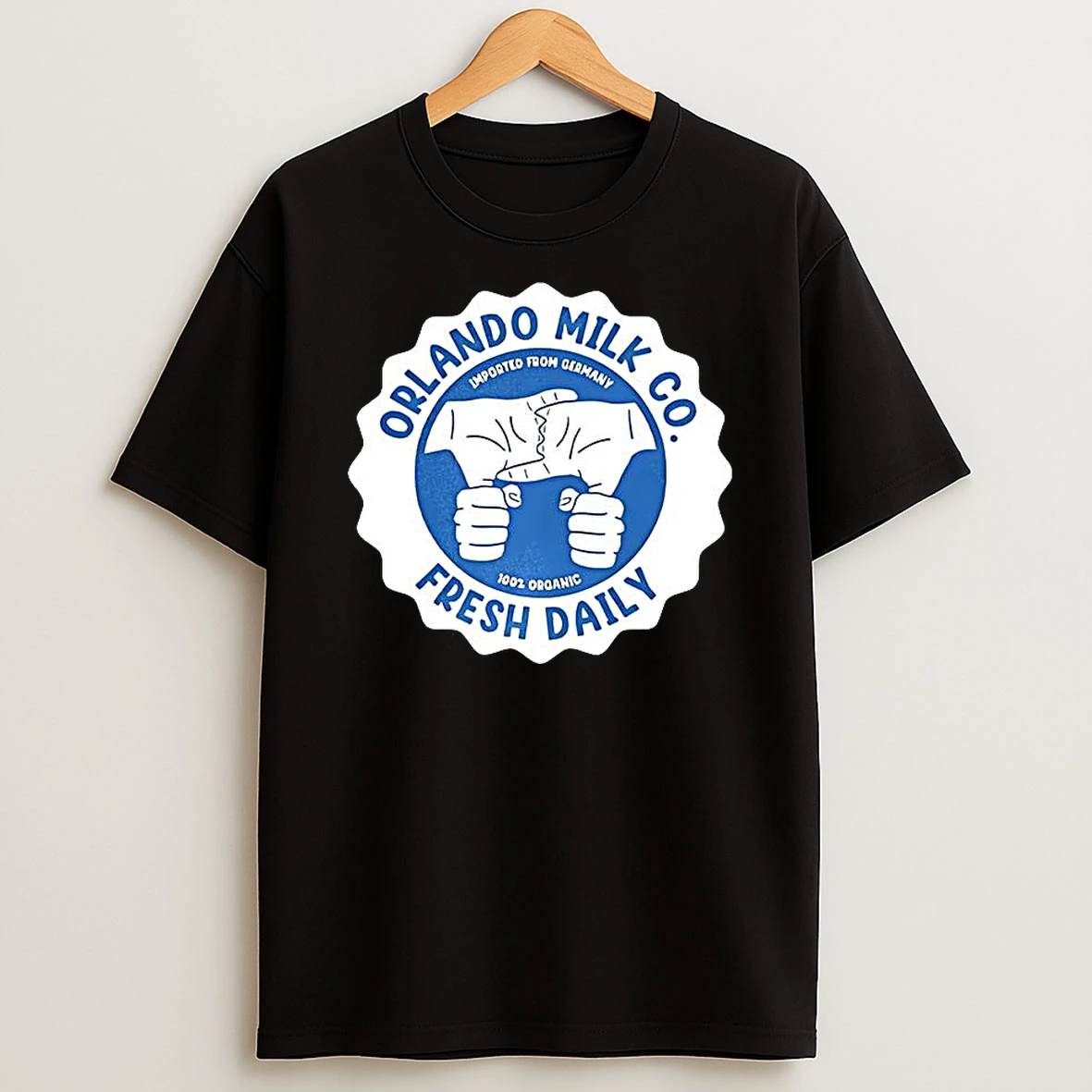 Orlando Milk Co Fresh Daily Imported From Germany 100 Percent Organic Logo T Shirt