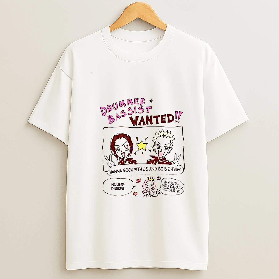 Osaki Manga Drummer Bassist Wanted Wanna Rock With Us And Go Big Time Inquire Inside If Youre Into The Sex Pistols T Shirt