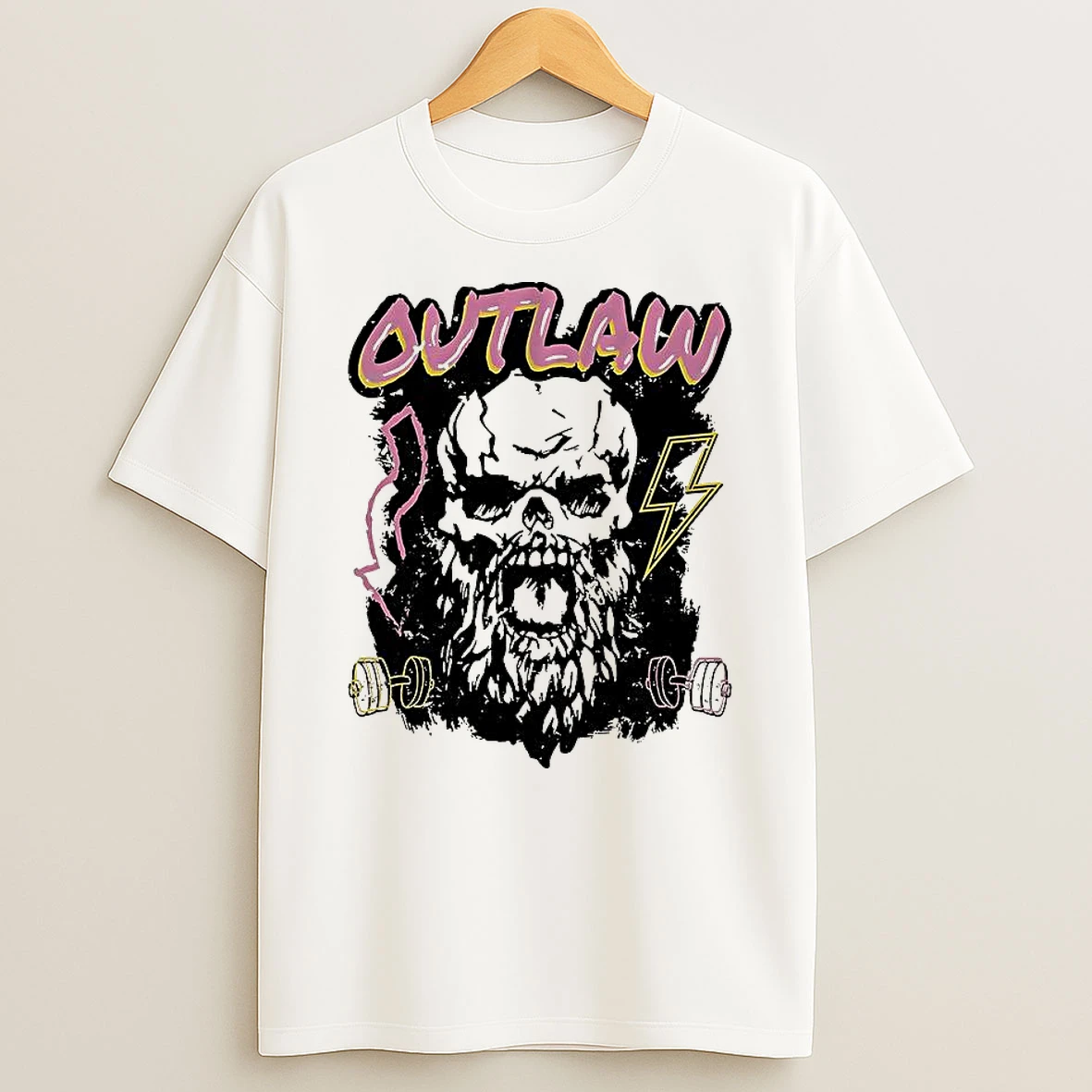 Outlaw Skull Arrow Lighting Dumbbells Graphic Retro T Shirt