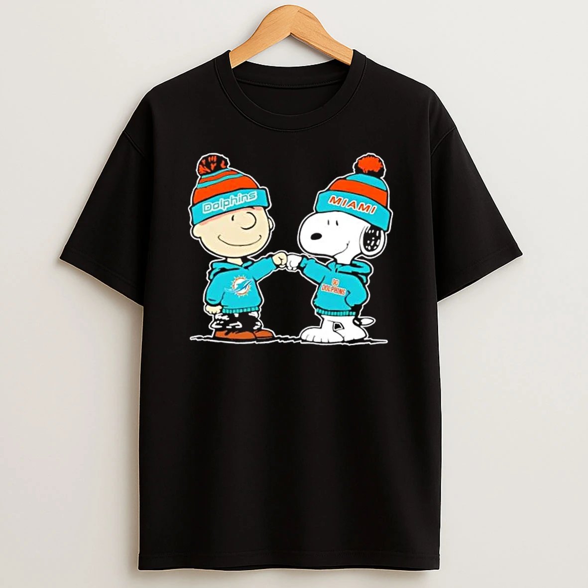 Peanuts Charlie Brown Fist Bump Snoopy X Miami Dolphins Football T Shirt