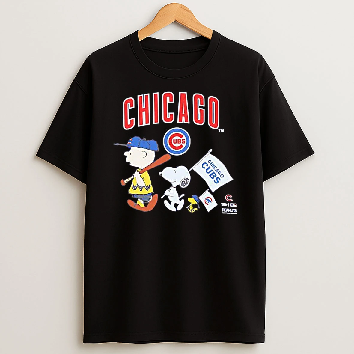 Peanuts Chracters Flag With Chicago Cubs Royal T Shirt