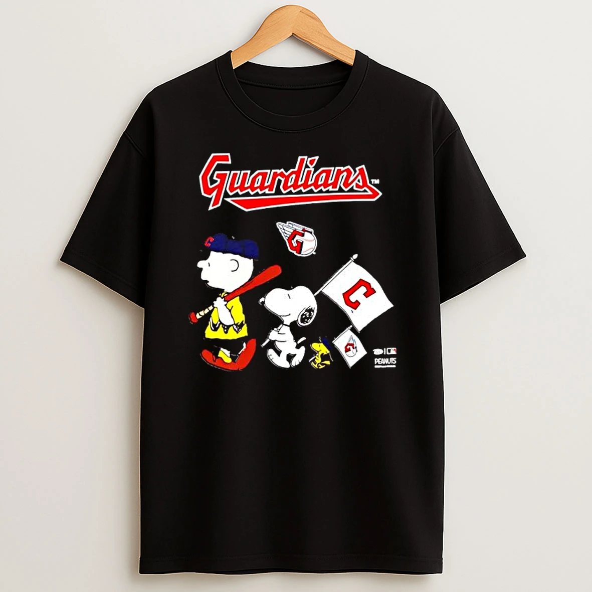 Peanuts Chracters Flag With Cleveland Guardians T Shirt