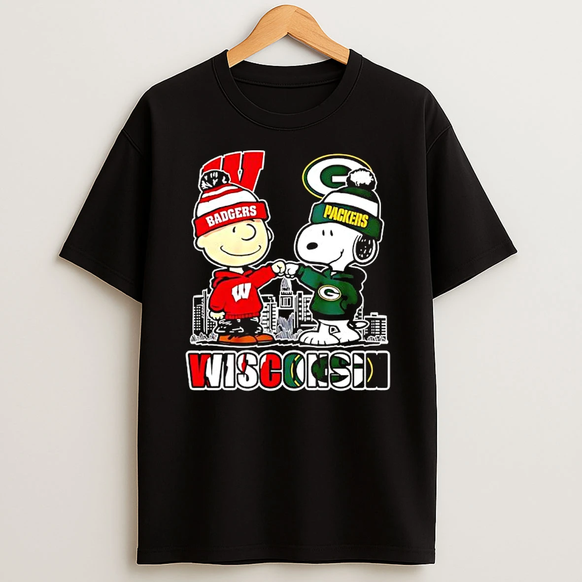 Peanuts Character Wisconsin Badgers And Green Bay Packers Graphic T Shirt