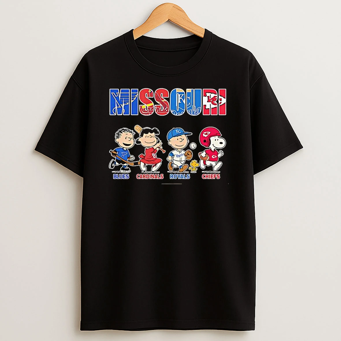 Peanuts Characters X Blues Cardinals Royals And Chiefs Missouri Sports Teams T Shirt