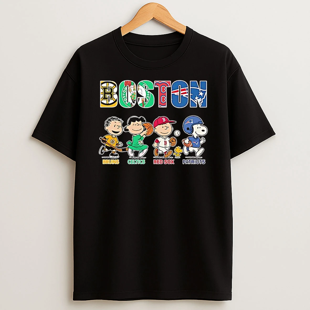 Peanuts Characters X Bruins Celtics Red Sox And Patriots Boston Sports Teams T Shirt