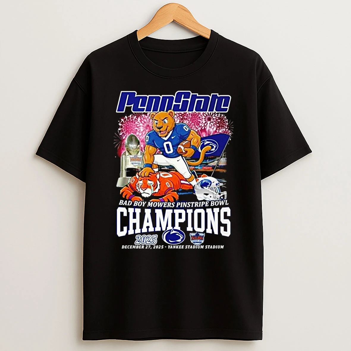Penn State 2025 Bad Boy Mowers Pinstripe Bowl Champions Mascot T Shirt