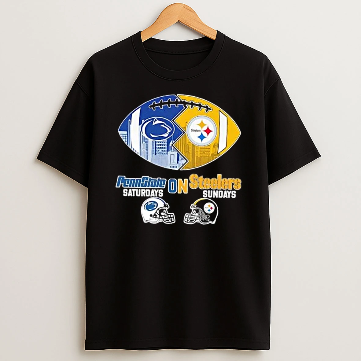 Penn State Nittany Lions Saturdays On Pittsburgh Steelers Football Helmets Skyline T Shirt
