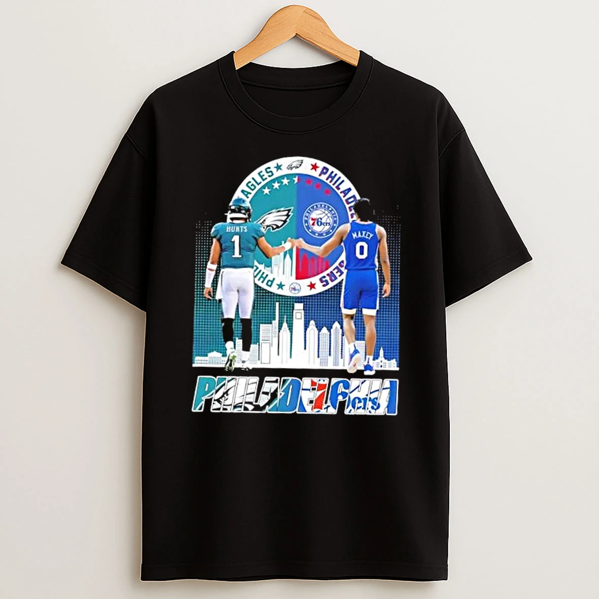Philadelphia City Sports Hurts Eagles X Maxey 76ers Signatures Skyline T Shirt