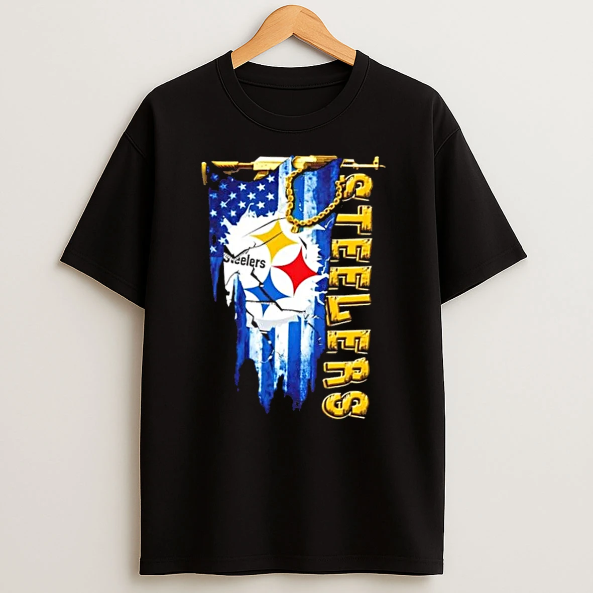 Pittsburgh Steelers Football Battle Shattered Usa Flag Rip Design T Shirt