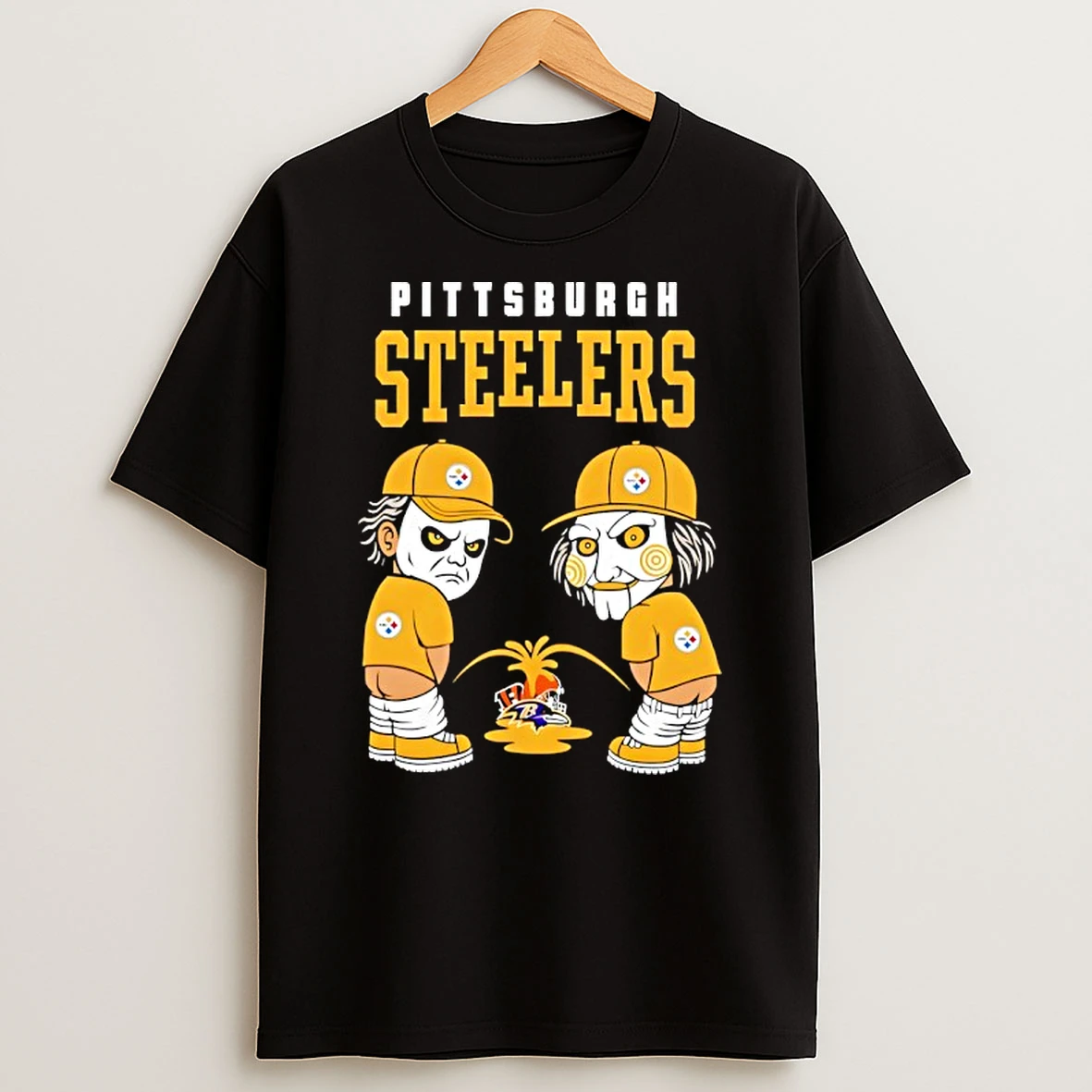 Pittsburgh Steelers X Michael Myers And Billy The Puppet Piss On Baltimore Ravens Vs Cleveland Browns T Shirt