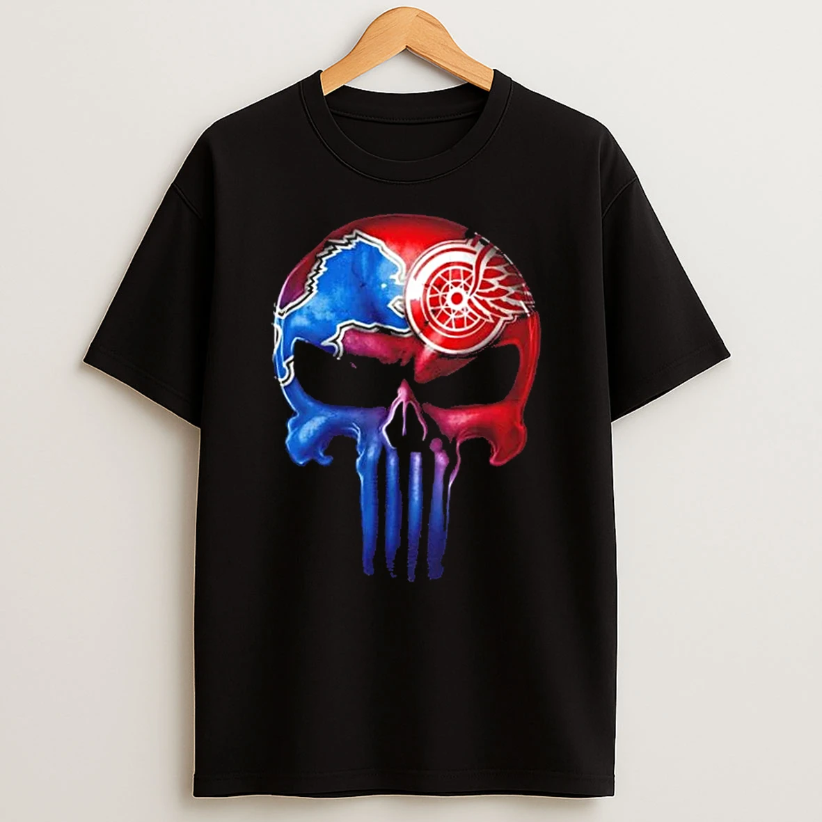 Punisher Skull Detroit City Sports Lions X Red Wings T Shirt