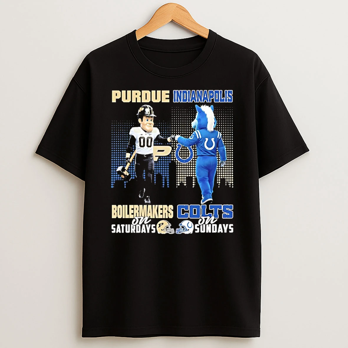 Purdue Boilermakers On Saturday And Indianapolis Colts On Sundays Skyline Mascot T Shirt