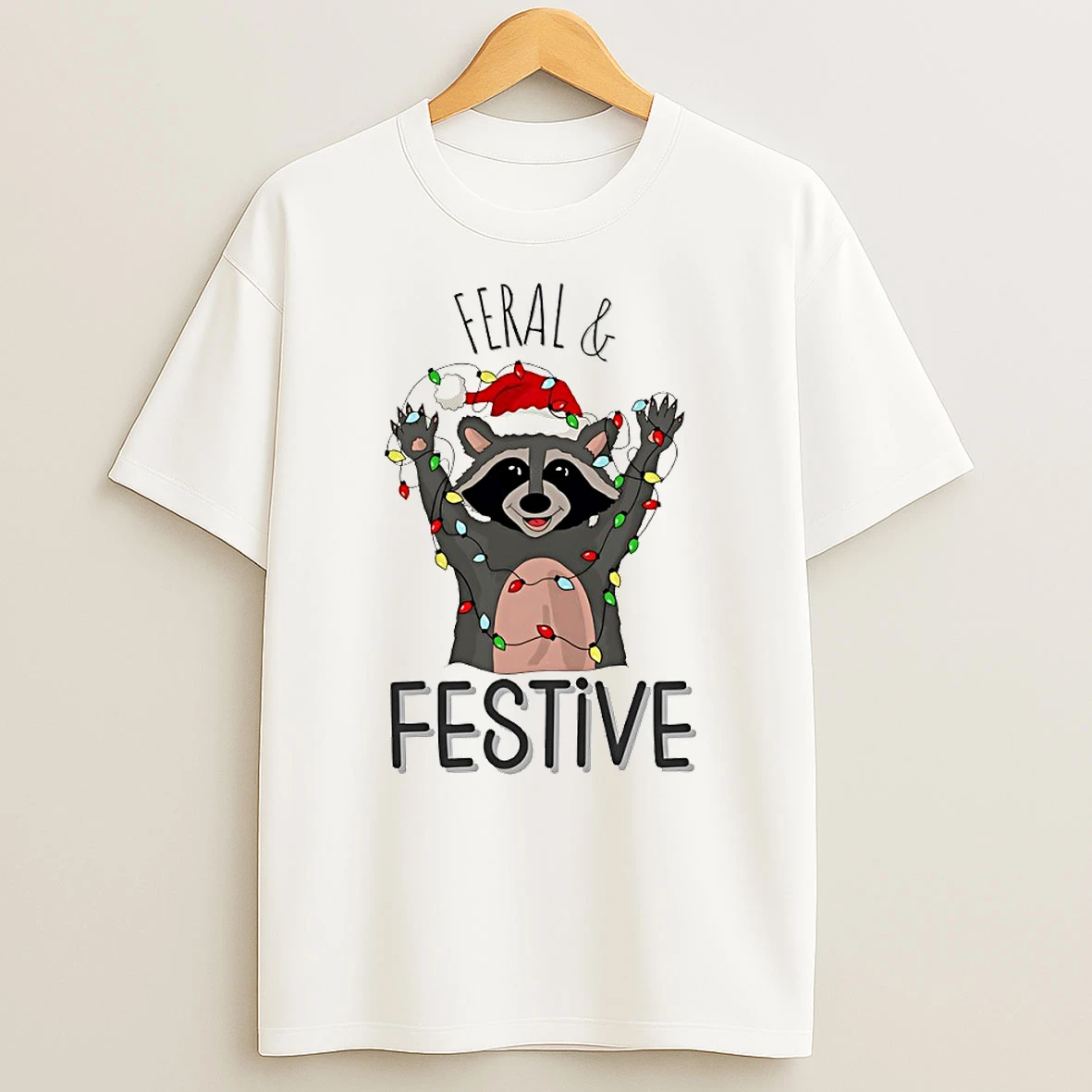 Raccoon Feral And Festive Christmas Lights Circle T Shirt