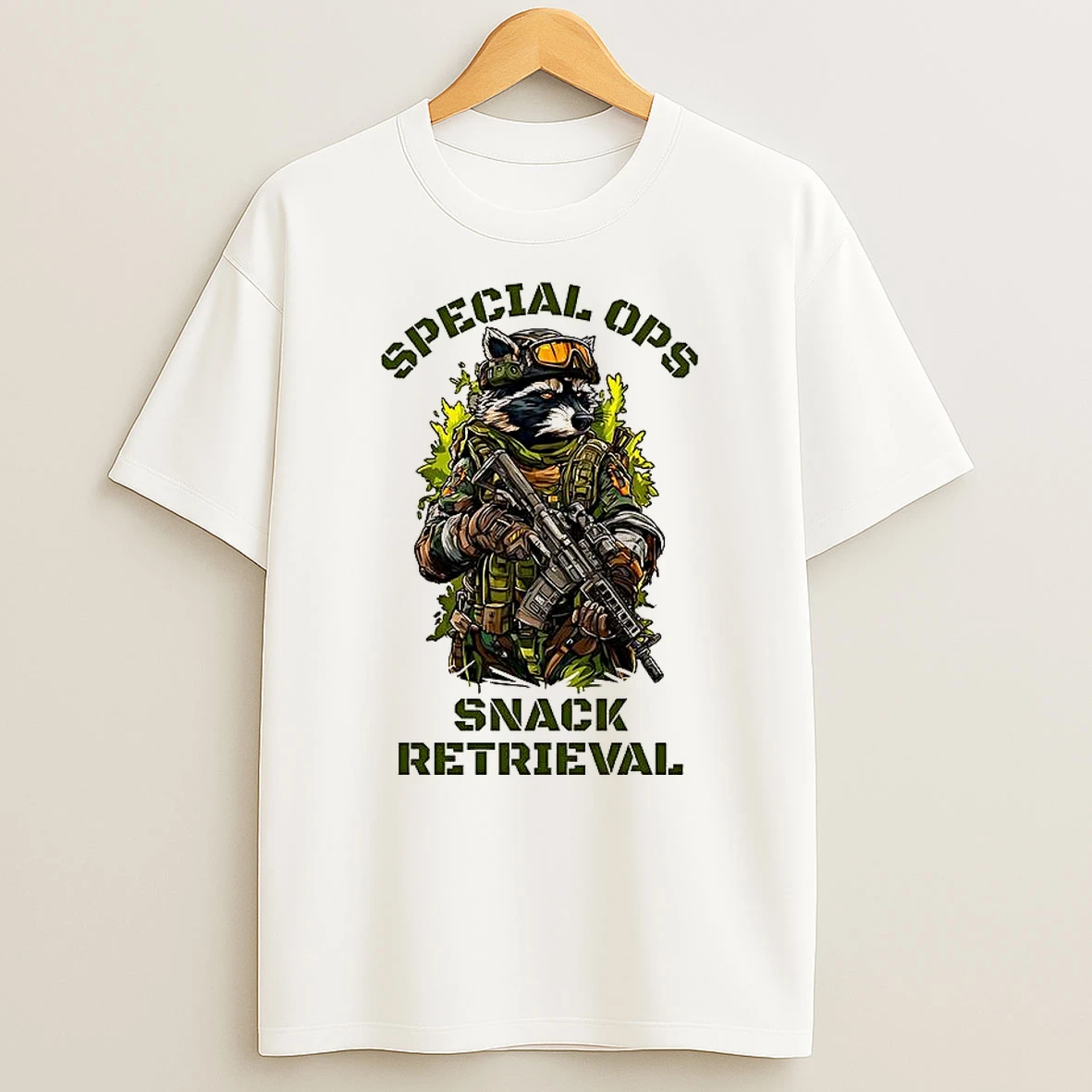 Raccoon In Combat Gear Special Ops Snack Retieval T Shirt