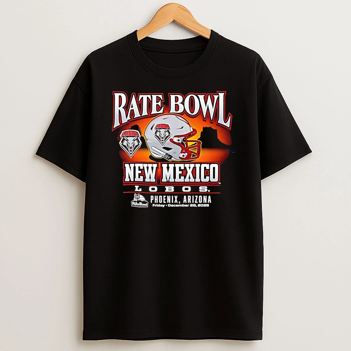 Rate Bowl 2025 University Of New Mexico Lobos Sunset Helmet T Shirt