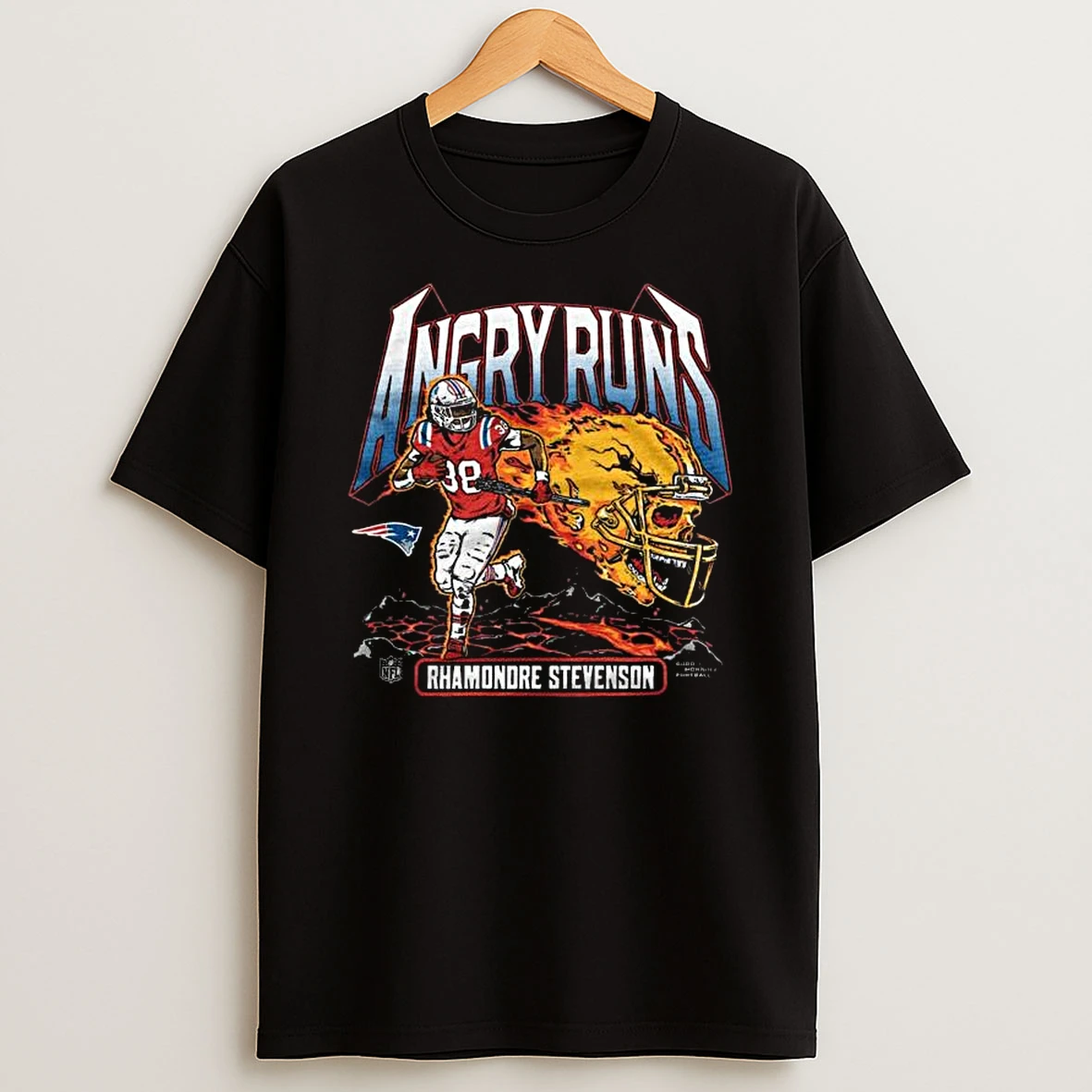 Rhamondre Stevenson Angry Runs New England Patriots Skull Flames Good Morning Football Nfl Player T Shirt