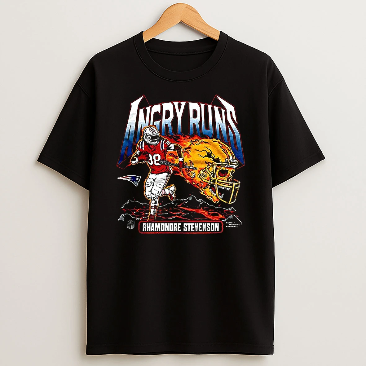 Rhamondre Stevenson New England Patriots Football Angry Runs 2025 Burning Skull T Shirt