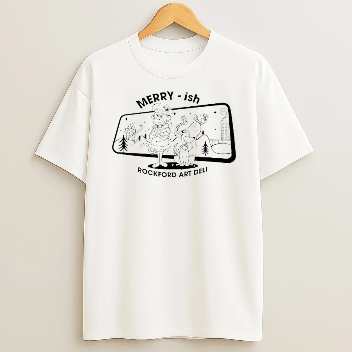 Rockford Art Deli Merry Ish Holiday Monkey Dog Graphic T Shirt