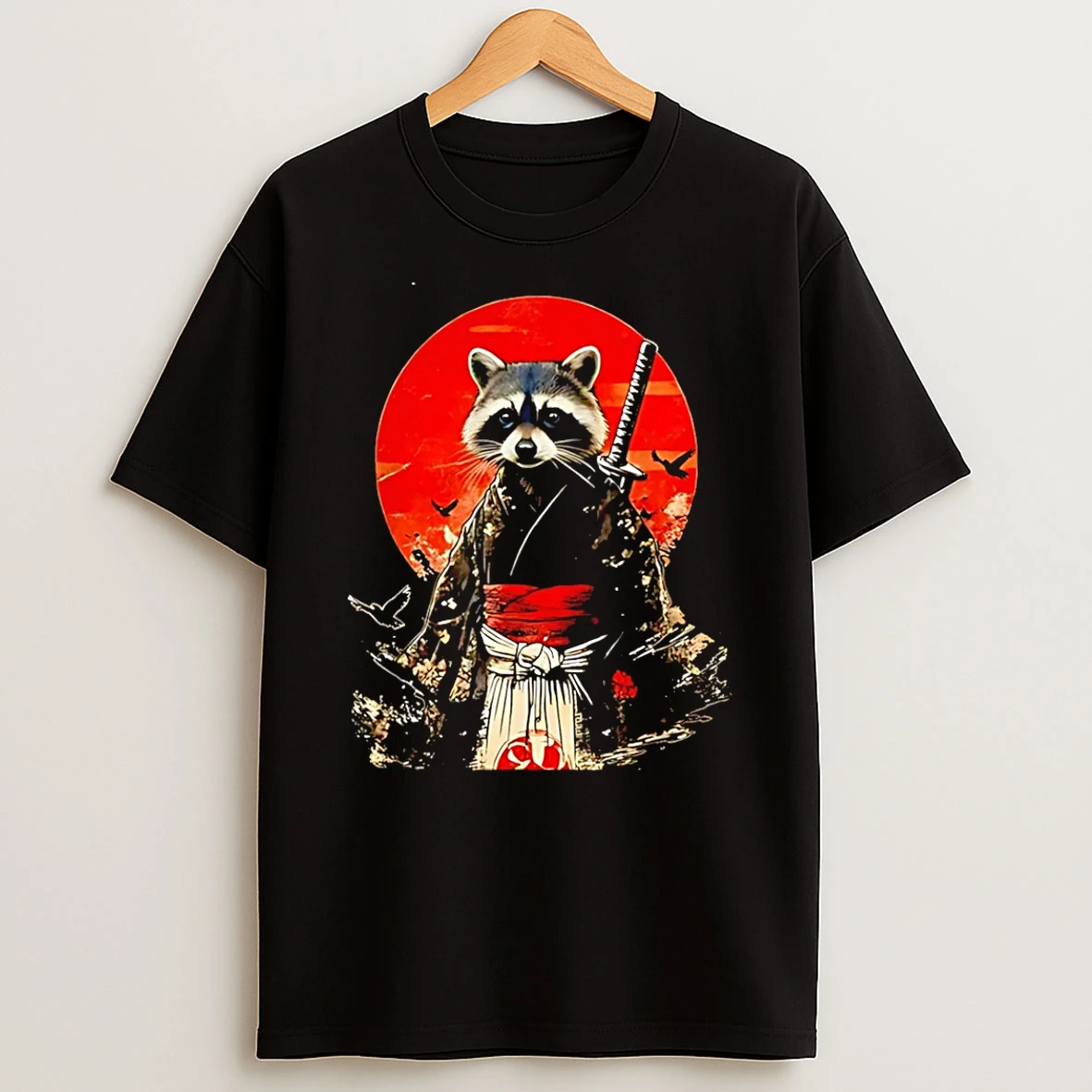 Samurai Raccoon Sun And Flowers Art T Shirt