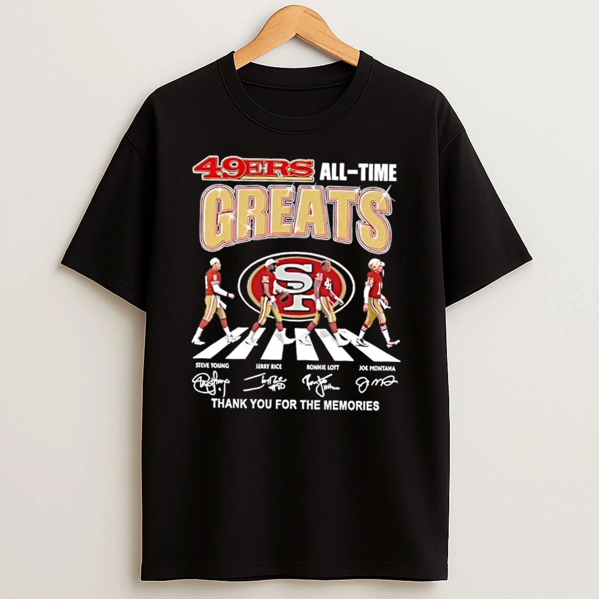 San Francisco 49ers All Time Greats Joe Montana Ronnie Lott Jerry Rice Steve Young Abbey Road Signatures T Shirt