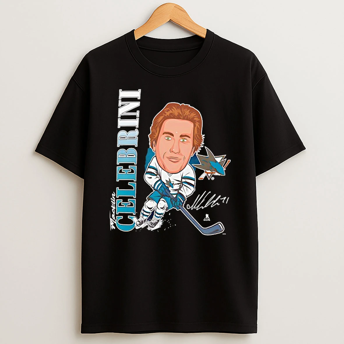 San Jose Sharks Fanatics 71 Macklin Celebrini Big Head Signature T Shirt