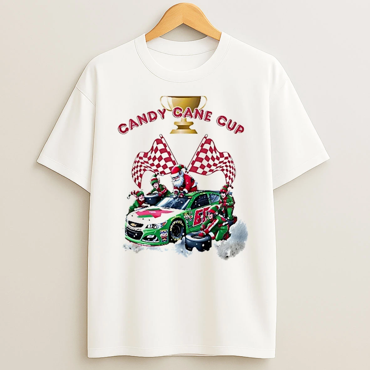 Santa Claus Candy Cane Cup Racing Car Christmas T Shirt