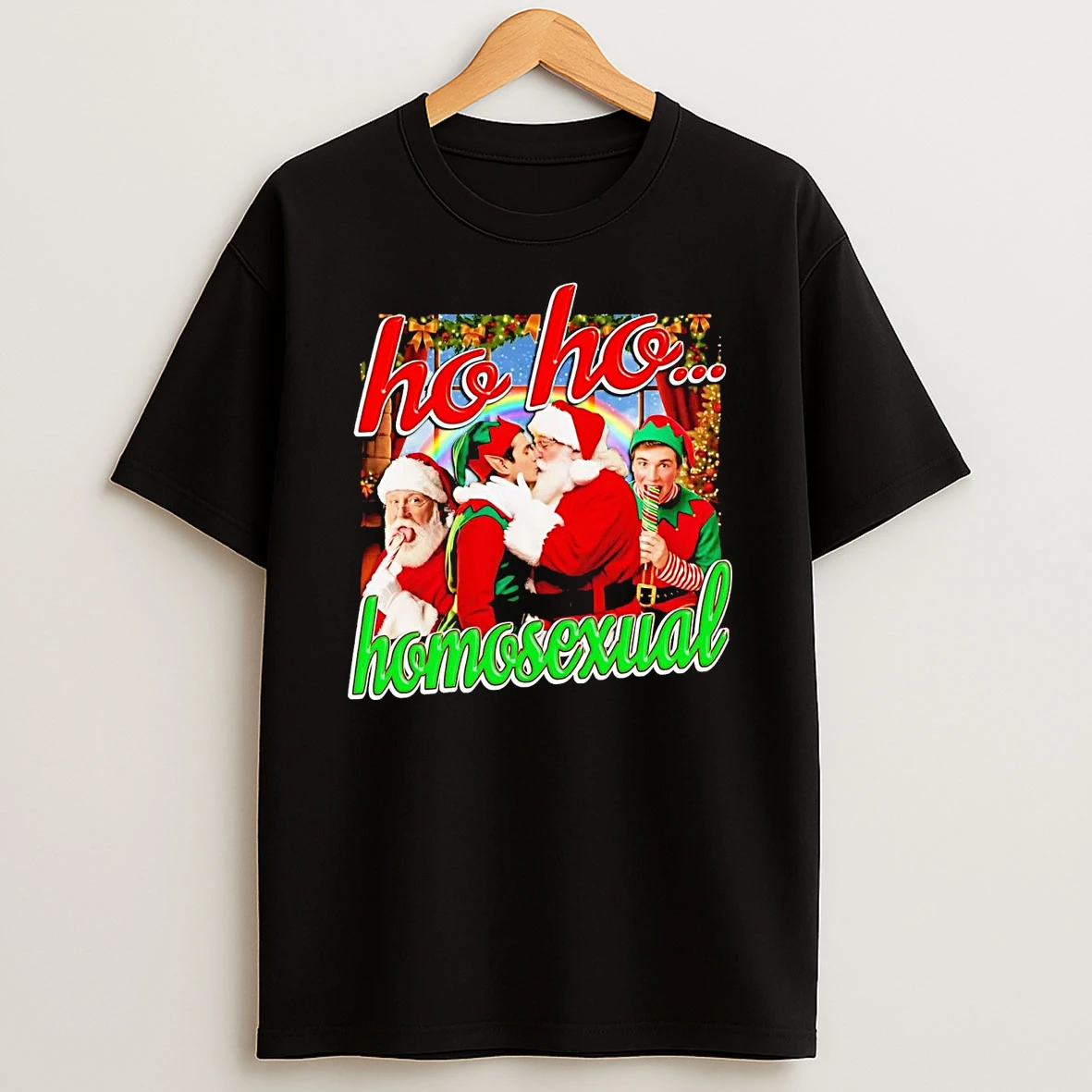 Santa Kissing Elf Ho Ho Homosexual Christmas T Shirt