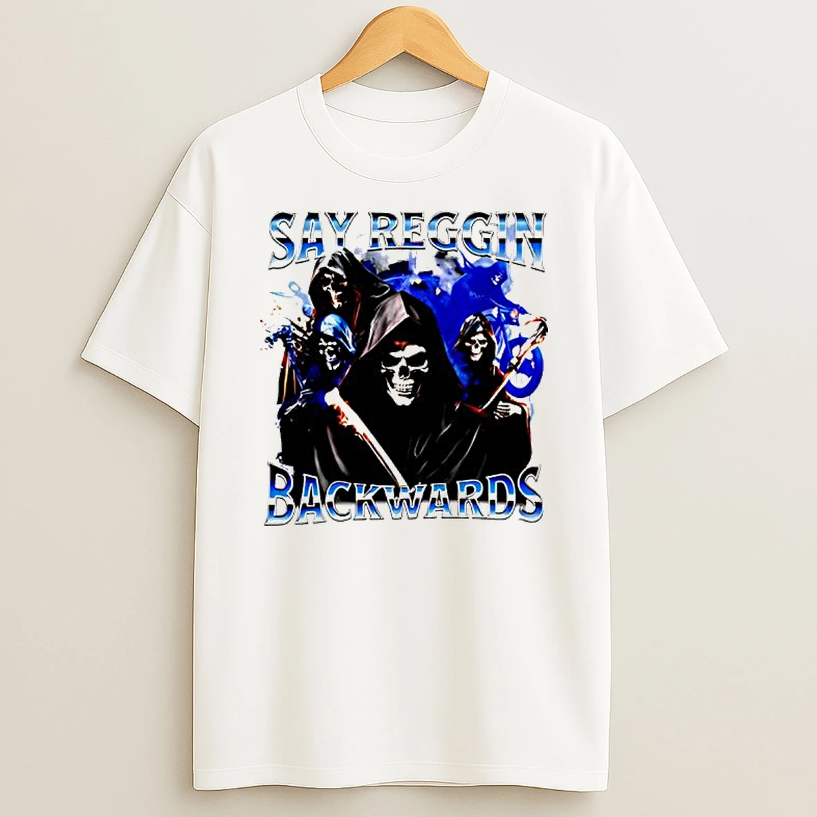 Say Reggin Back Wards Skeletons Graphic T Shirt