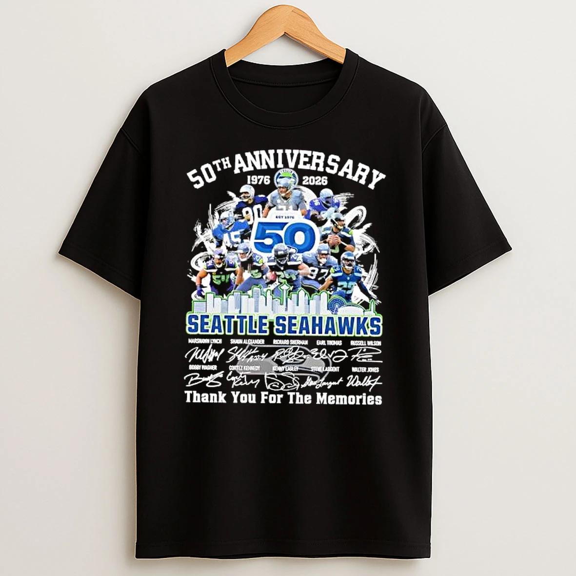 Seattle Seahawks 1976 2026 50th Anniversary Thank For The Memories Signature T Shirt