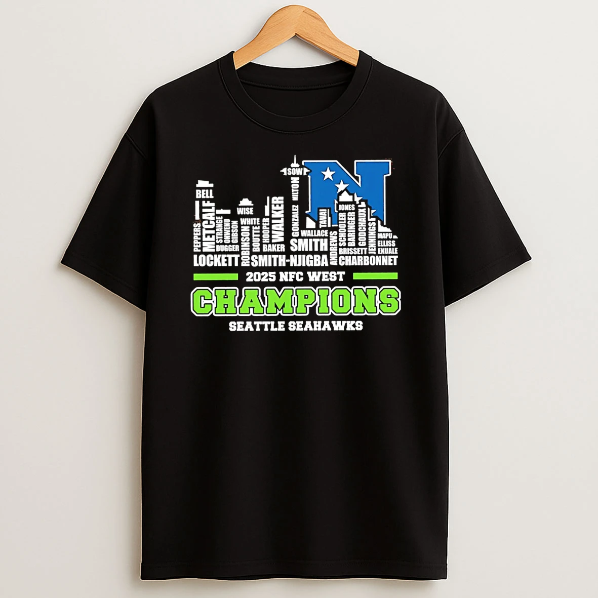 Seattle Seahawks 2025 Nfc West Champions Player Names City Skyline T Shirt