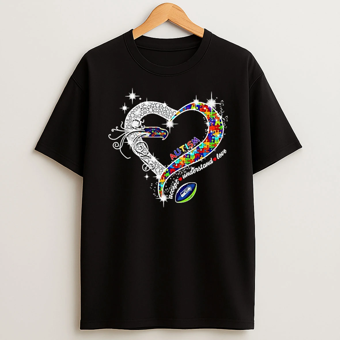Seattle Seahawks Autism Accept Understand Love Football Heart T Shirt
