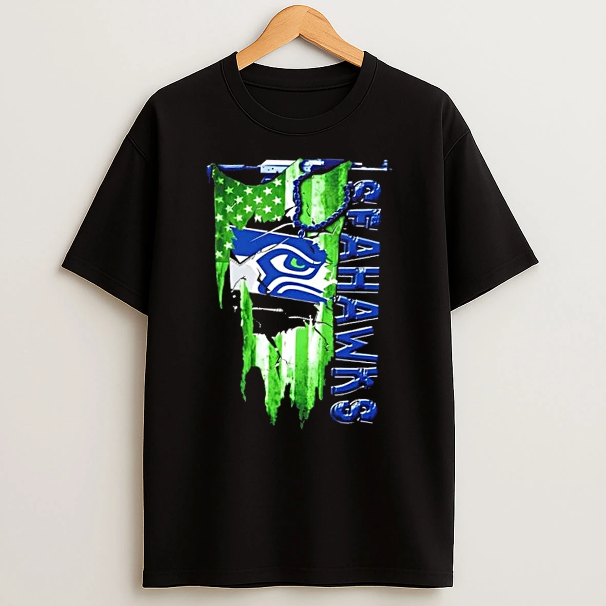 Seattle Seahawks Football Battle Shattered Usa Flag Rip Design T Shirt
