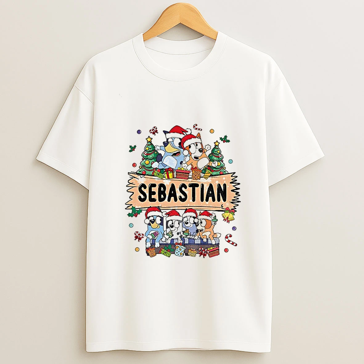Sebastian Bluey Family Santa Hat Merry Christmas T Shirt