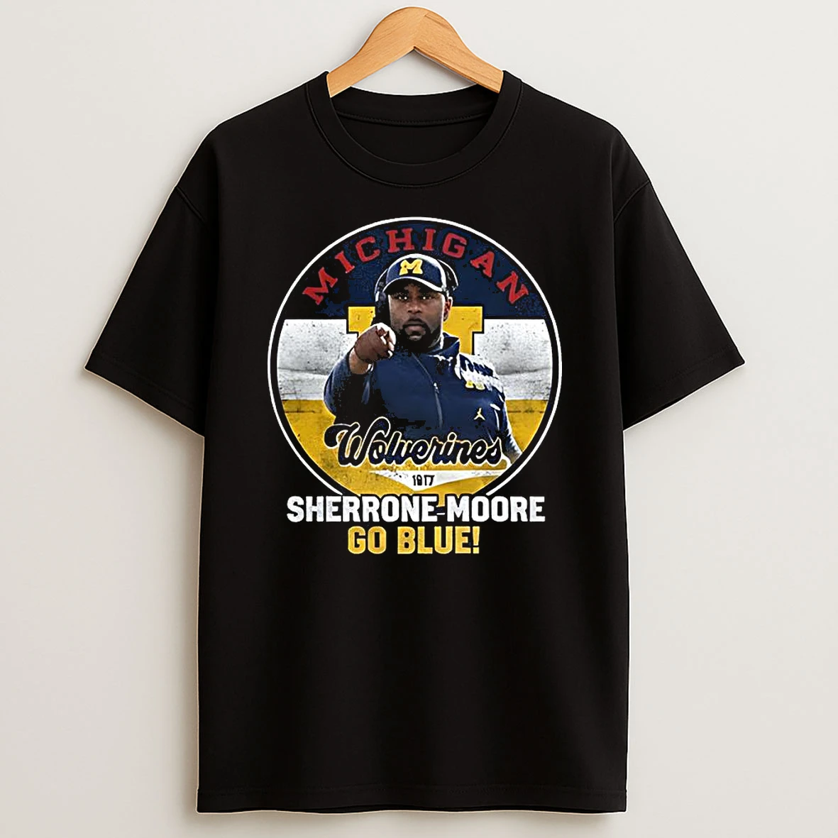 Sherrone Moore Michigan Wolverines Football Go Blue Coach Circular Frame T Shirt